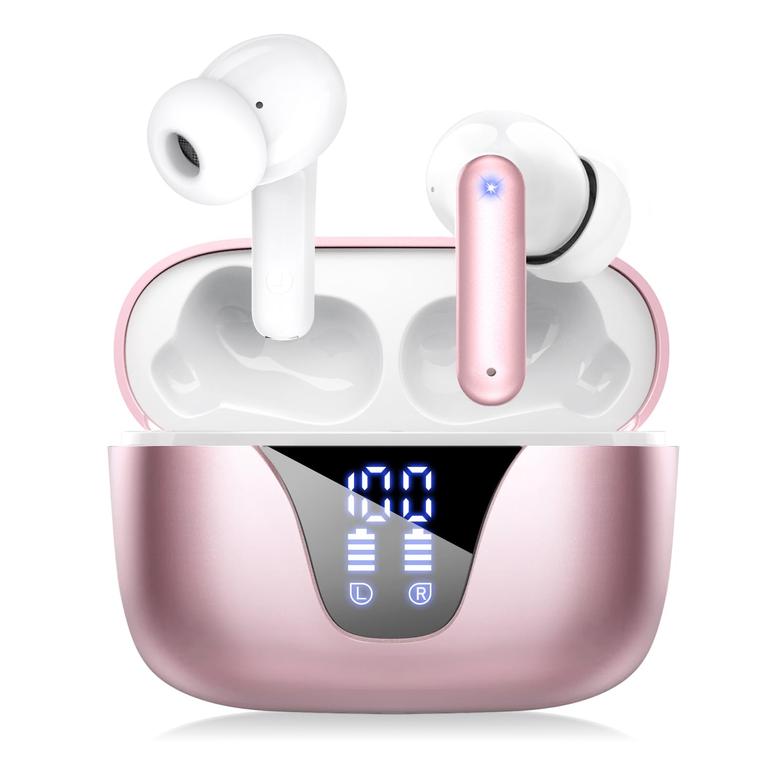 Wireless Earbuds Bluetooth Headphones, 50H Playtime Ear Buds with Mic, LED Digital Display Charging Case, IPX7 Waterproof, Deep Bass Stereo, in-Ear Earphone for iPhone Andriod Phone - Greige