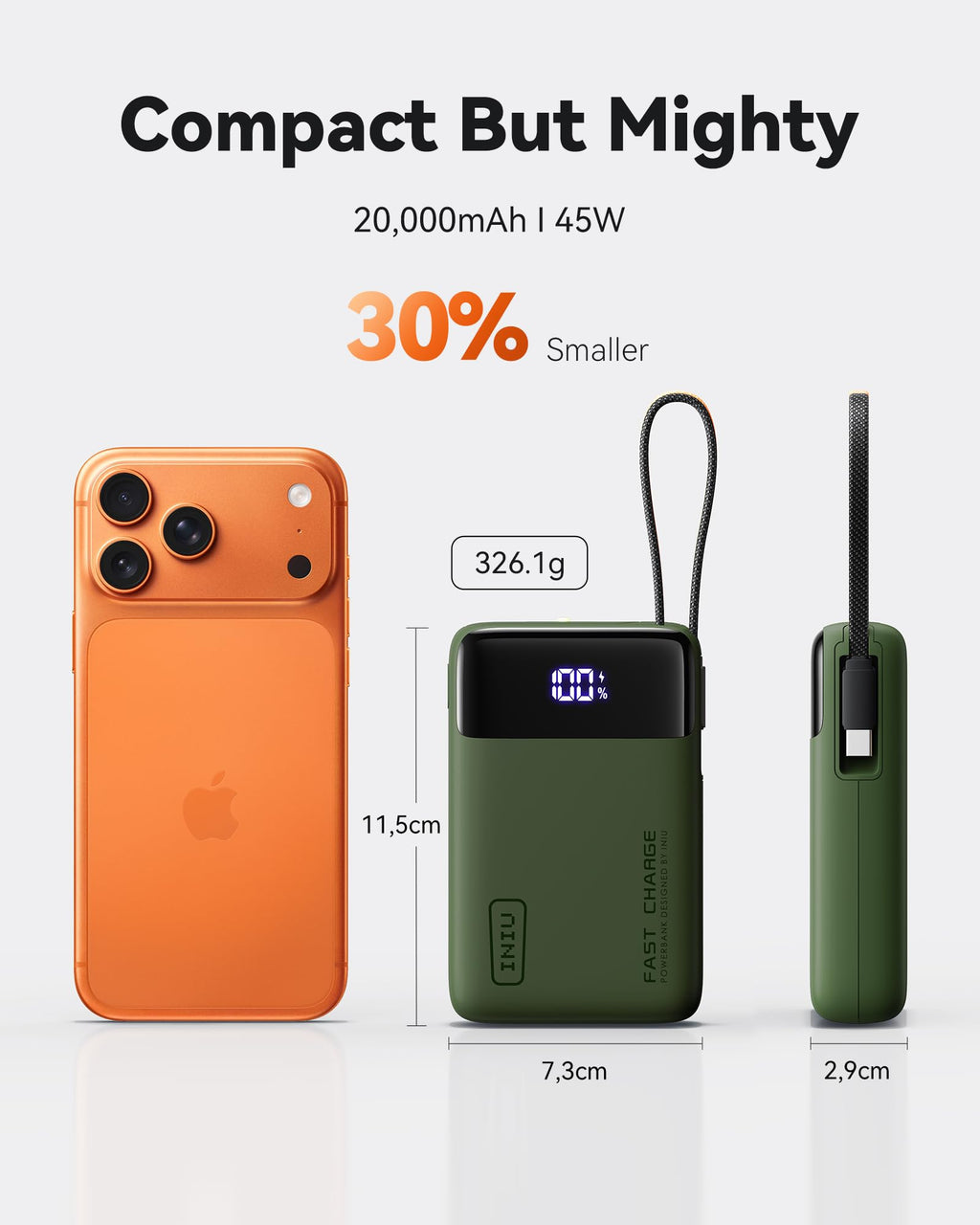 INIU 20000mAh Power Bank, Small 45W PD Fast Charging Portable Charger with Built-in USB C Cable, Flight-Safe Travel External Phone Battery Pack for iPhone 17 Pro Max Samsung S26 iPad etc, Black