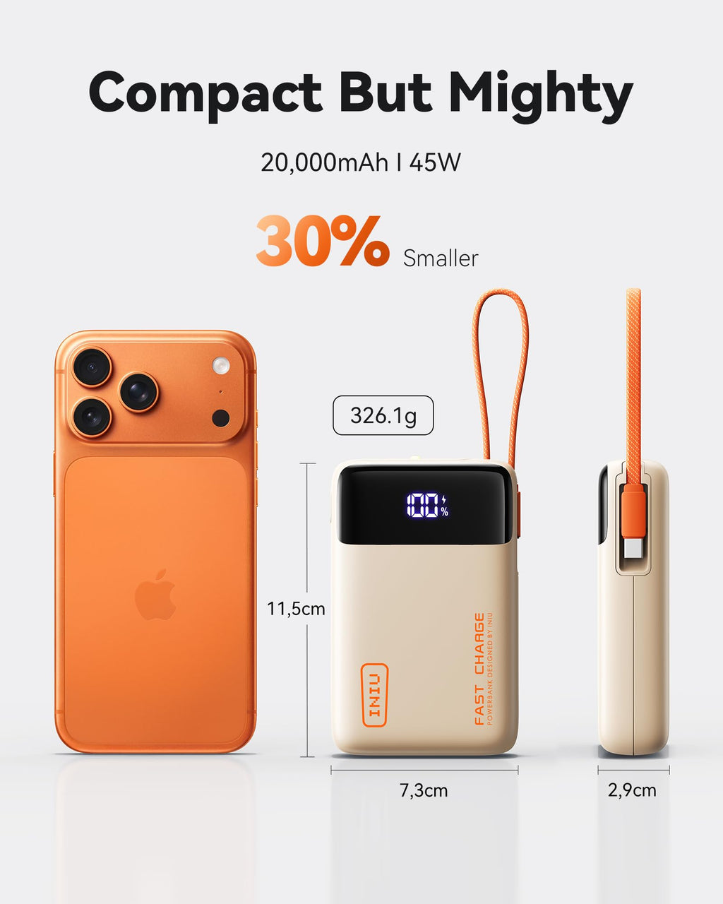 INIU 20000mAh Power Bank, Small 45W PD Fast Charging Portable Charger with Built-in USB C Cable, Flight-Safe Travel External Phone Battery Pack for iPhone 17 Pro Max Samsung S26 iPad etc, Black