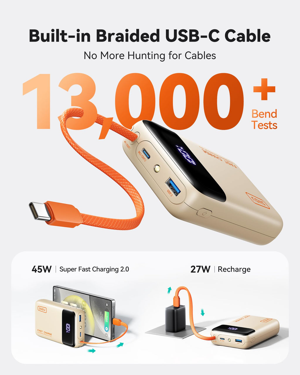 INIU 20000mAh Power Bank, Small 45W PD Fast Charging Portable Charger with Built-in USB C Cable, Flight-Safe Travel External Phone Battery Pack for iPhone 17 Pro Max Samsung S26 iPad etc, Black