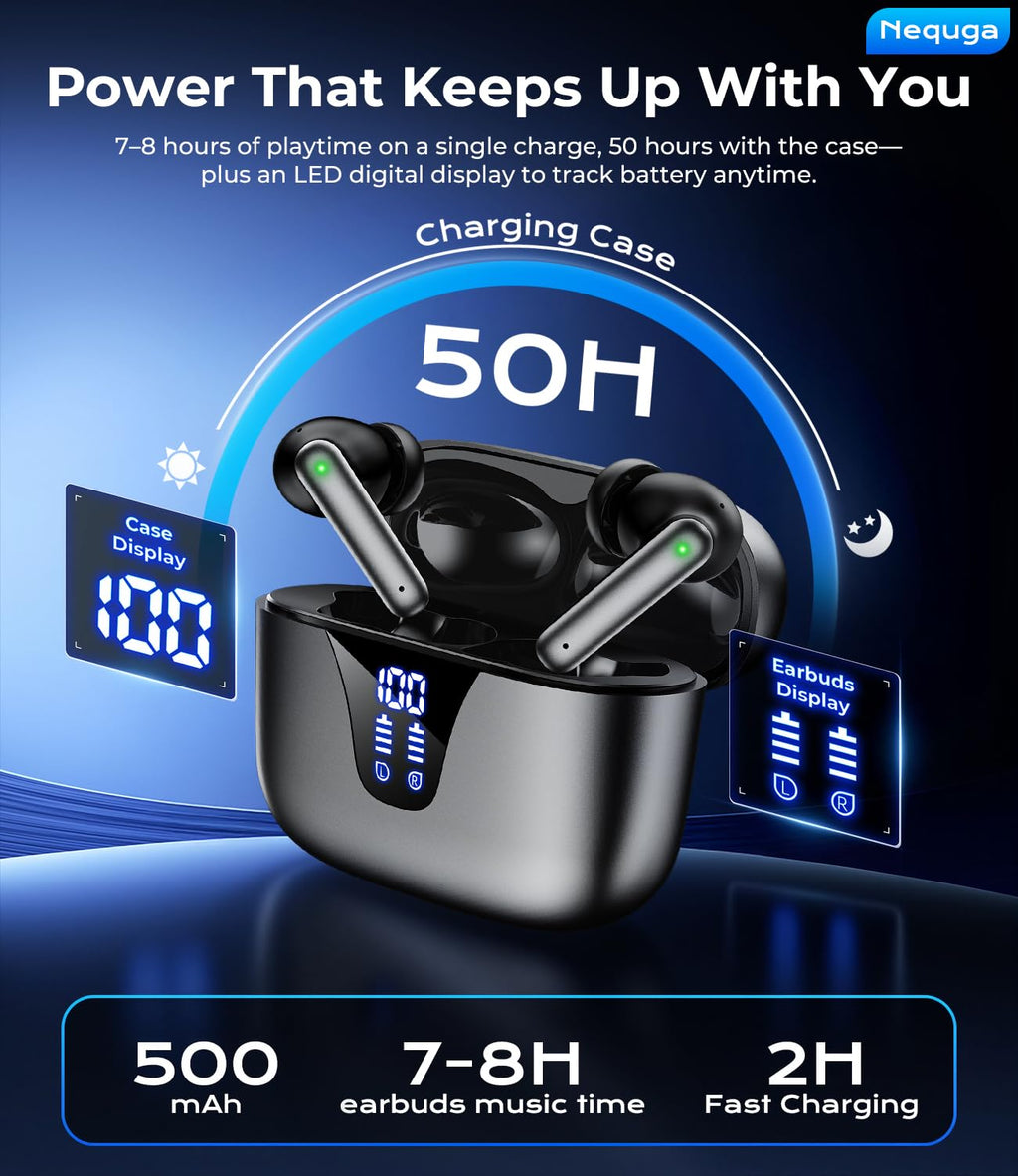 Wireless Earbuds Bluetooth Headphones, 50H Playtime Ear Buds with Mic, LED Digital Display Charging Case, IPX7 Waterproof, Deep Bass Stereo, in-Ear Earphone for iPhone Andriod Phone - Greige