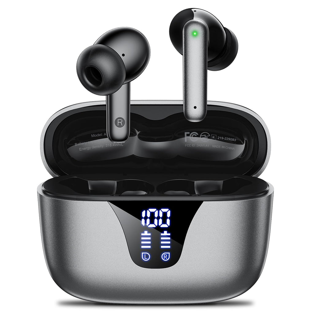 Wireless Earbuds Bluetooth Headphones, 50H Playtime Ear Buds with Mic, LED Digital Display Charging Case, IPX7 Waterproof, Deep Bass Stereo, in-Ear Earphone for iPhone Andriod Phone - Greige