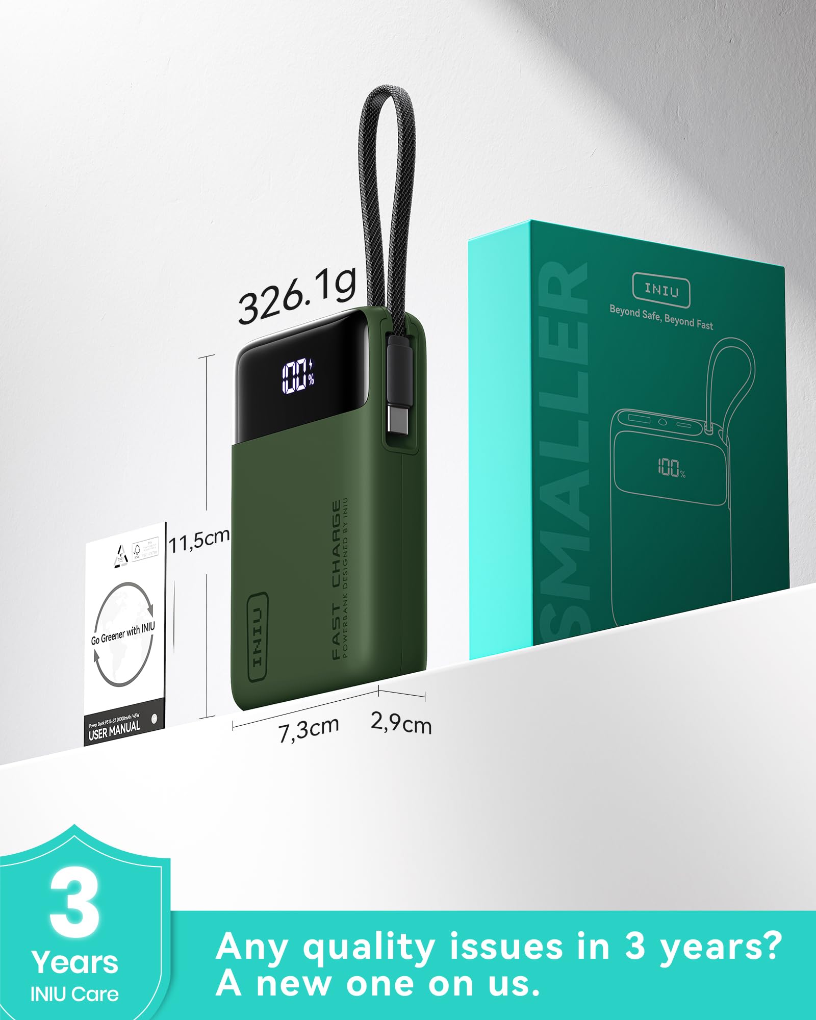 INIU 20000mAh Power Bank, Small 45W PD Fast Charging Portable Charger with Built-in USB C Cable, Flight-Safe Travel External Phone Battery Pack for iPhone 17 Pro Max Samsung S26 iPad etc, Black