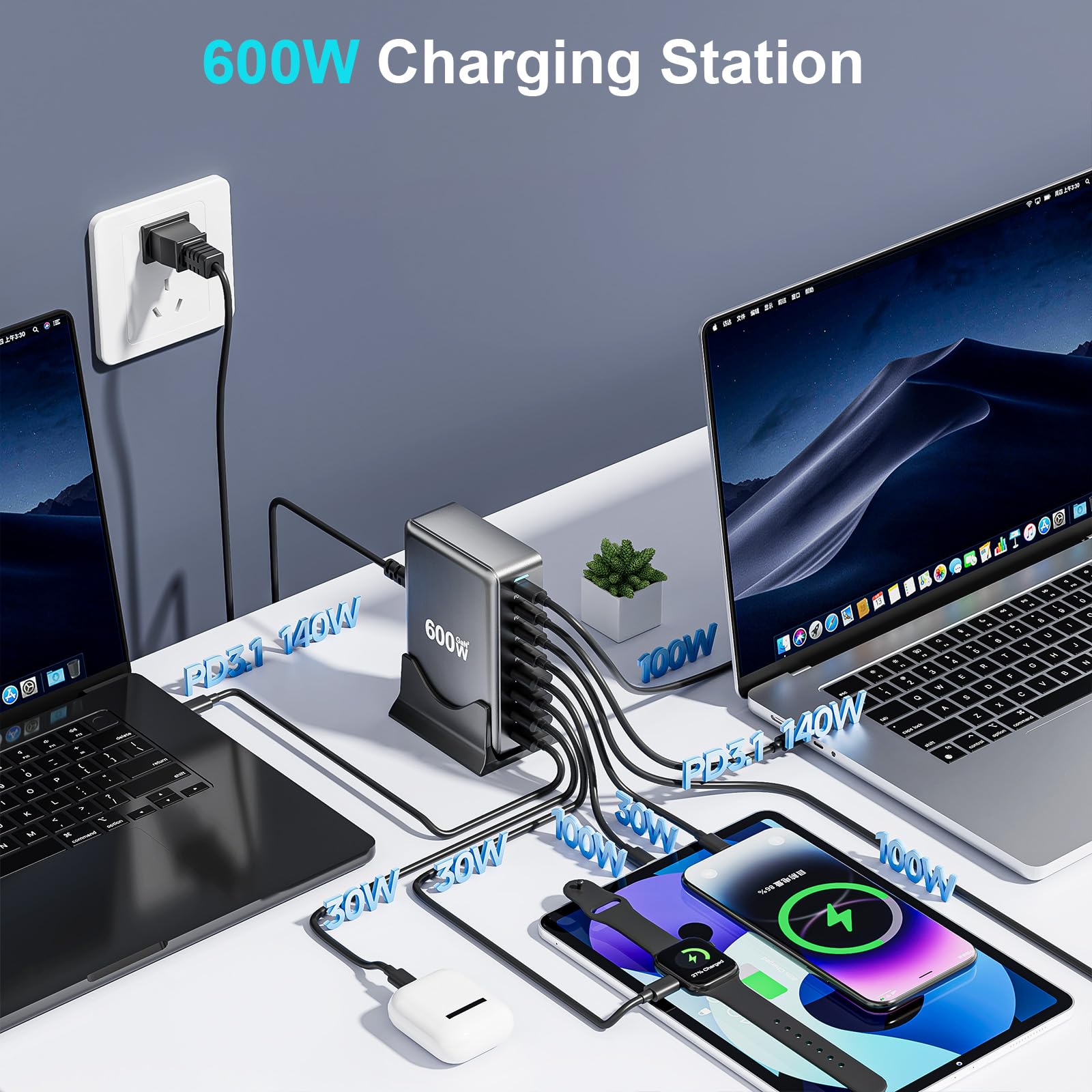 500W USB C Fast Charger Block, Multi-port USB Charging Station, GaN Ⅲ Double 100W PD PPS Port Fast Charging Station for Multiple Devices,Laptop Wall Charger Compatible with MacBook, iPhone 17,iPad etc