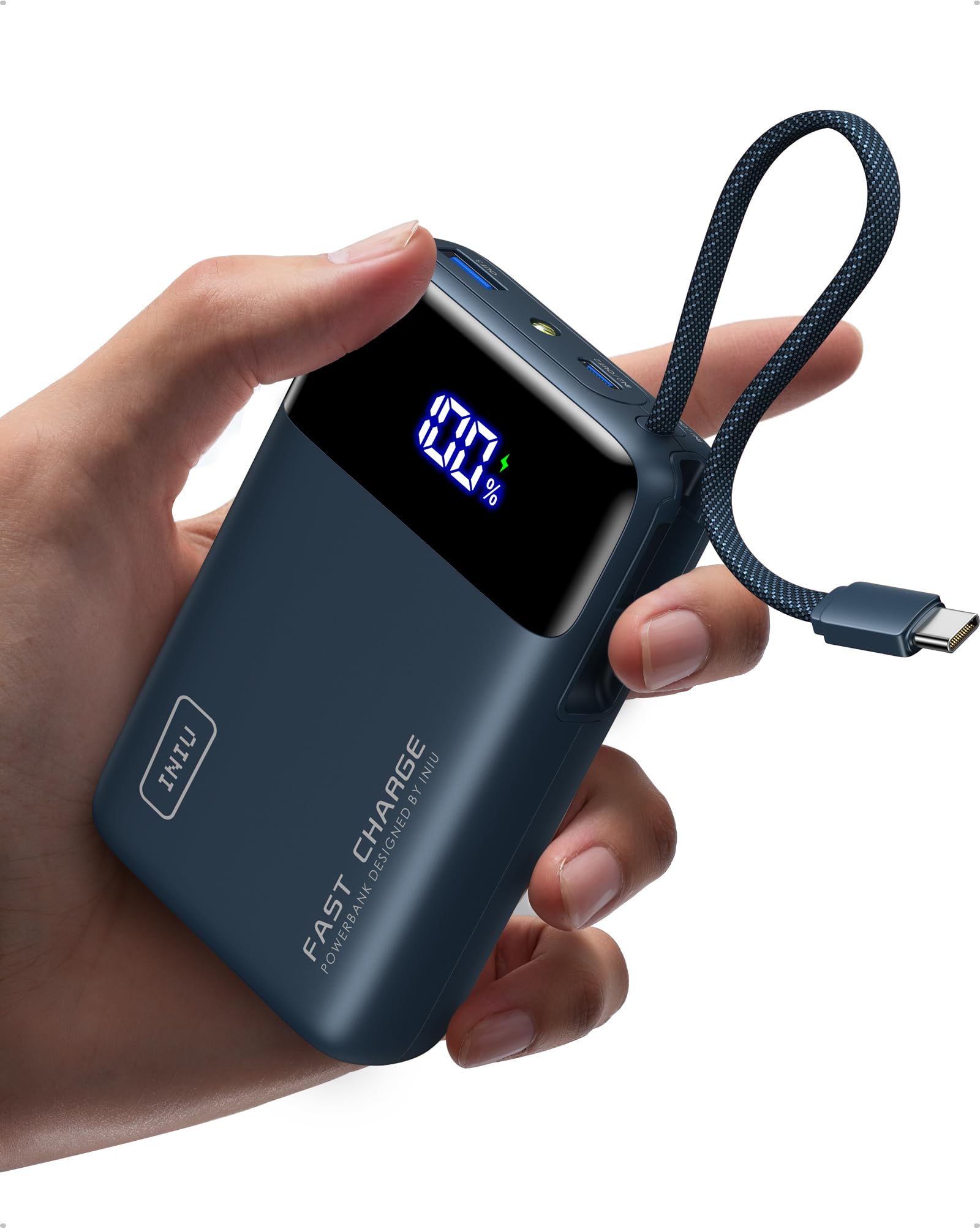 INIU 20000mAh Power Bank, Small 45W PD Fast Charging Portable Charger with Built-in USB C Cable, Flight-Safe Travel External Phone Battery Pack for iPhone 17 Pro Max Samsung S26 iPad etc, Black