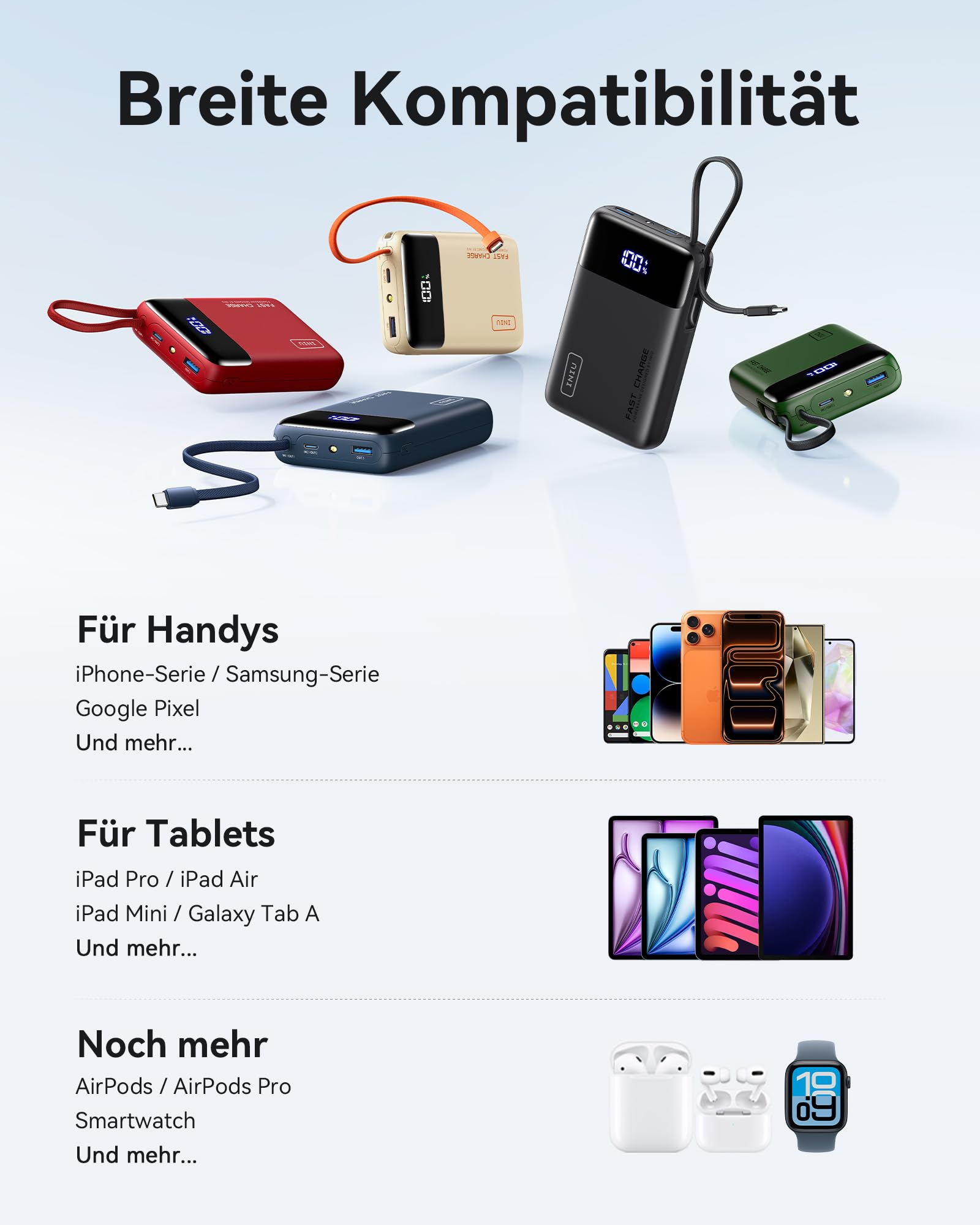 INIU 20000mAh Power Bank, Small 45W PD Fast Charging Portable Charger with Built-in USB C Cable, Flight-Safe Travel External Phone Battery Pack for iPhone 17 Pro Max Samsung S26 iPad etc, Black