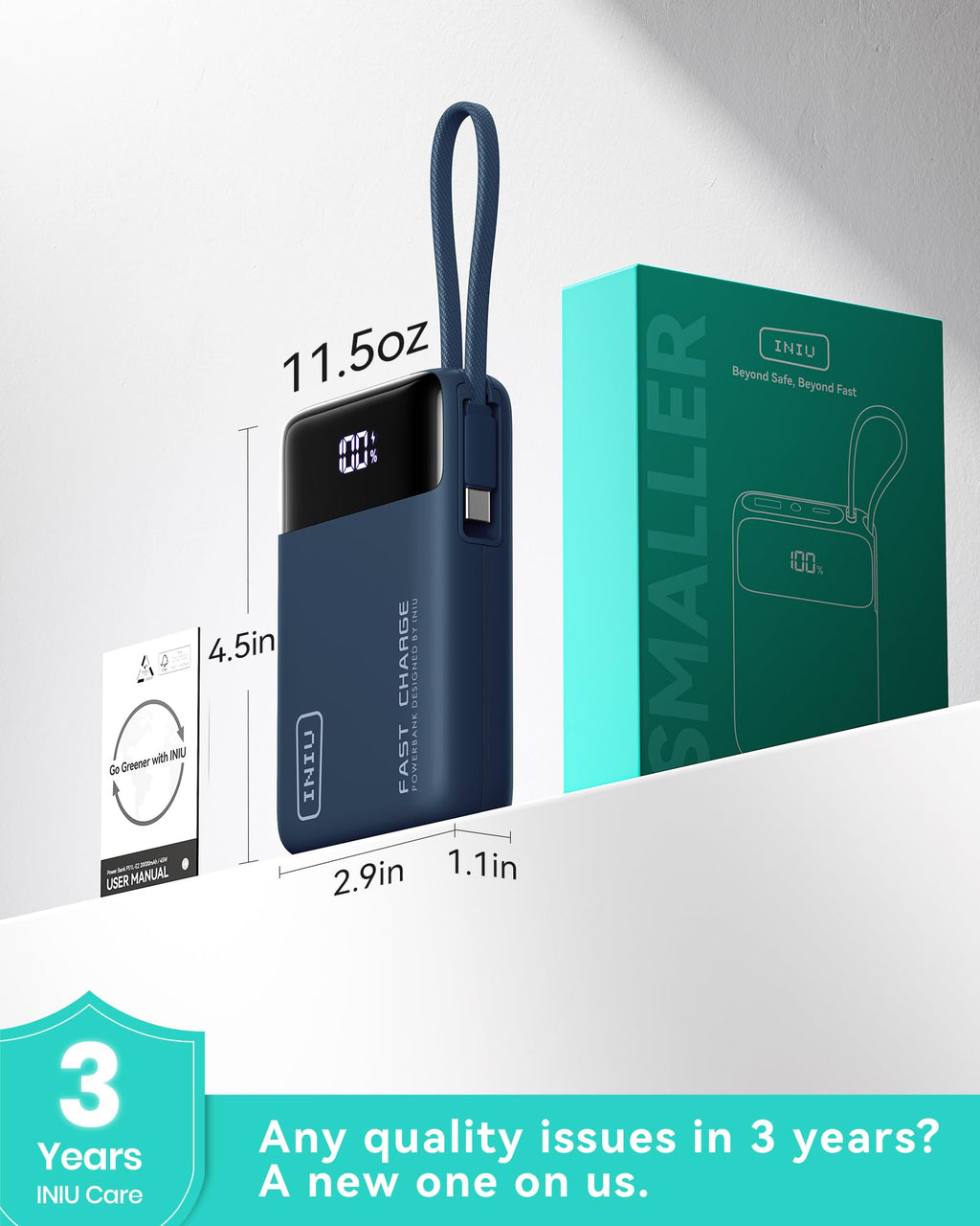 INIU 20000mAh Power Bank, Small 45W PD Fast Charging Portable Charger with Built-in USB C Cable, Flight-Safe Travel External Phone Battery Pack for iPhone 17 Pro Max Samsung S26 iPad etc, Black