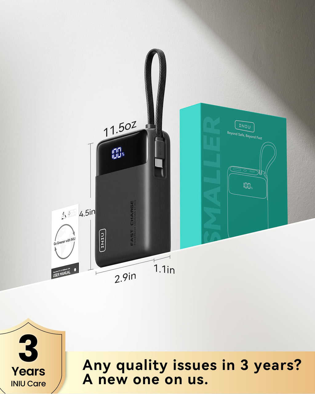 INIU 20000mAh Power Bank, Small 45W PD Fast Charging Portable Charger with Built-in USB C Cable, Flight-Safe Travel External Phone Battery Pack for iPhone 17 Pro Max Samsung S26 iPad etc, Black