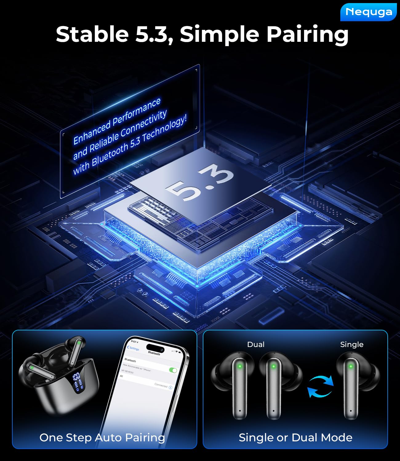 Wireless Earbuds Bluetooth Headphones, 50H Playtime Ear Buds with Mic, LED Digital Display Charging Case, IPX7 Waterproof, Deep Bass Stereo, in-Ear Earphone for iPhone Andriod Phone - Greige