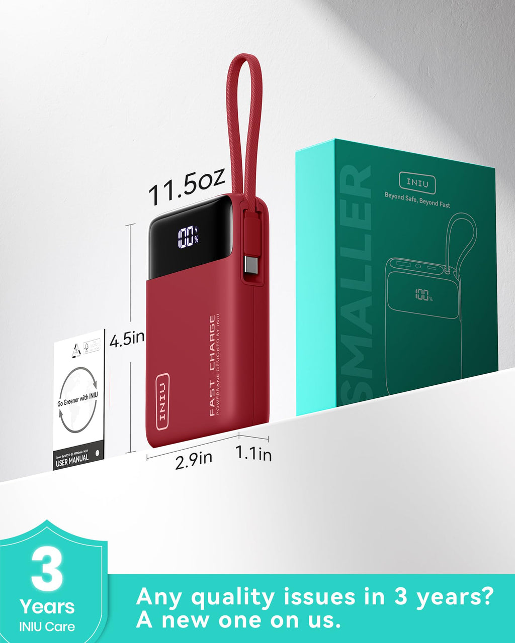 INIU 20000mAh Power Bank, Small 45W PD Fast Charging Portable Charger with Built-in USB C Cable, Flight-Safe Travel External Phone Battery Pack for iPhone 17 Pro Max Samsung S26 iPad etc, Black