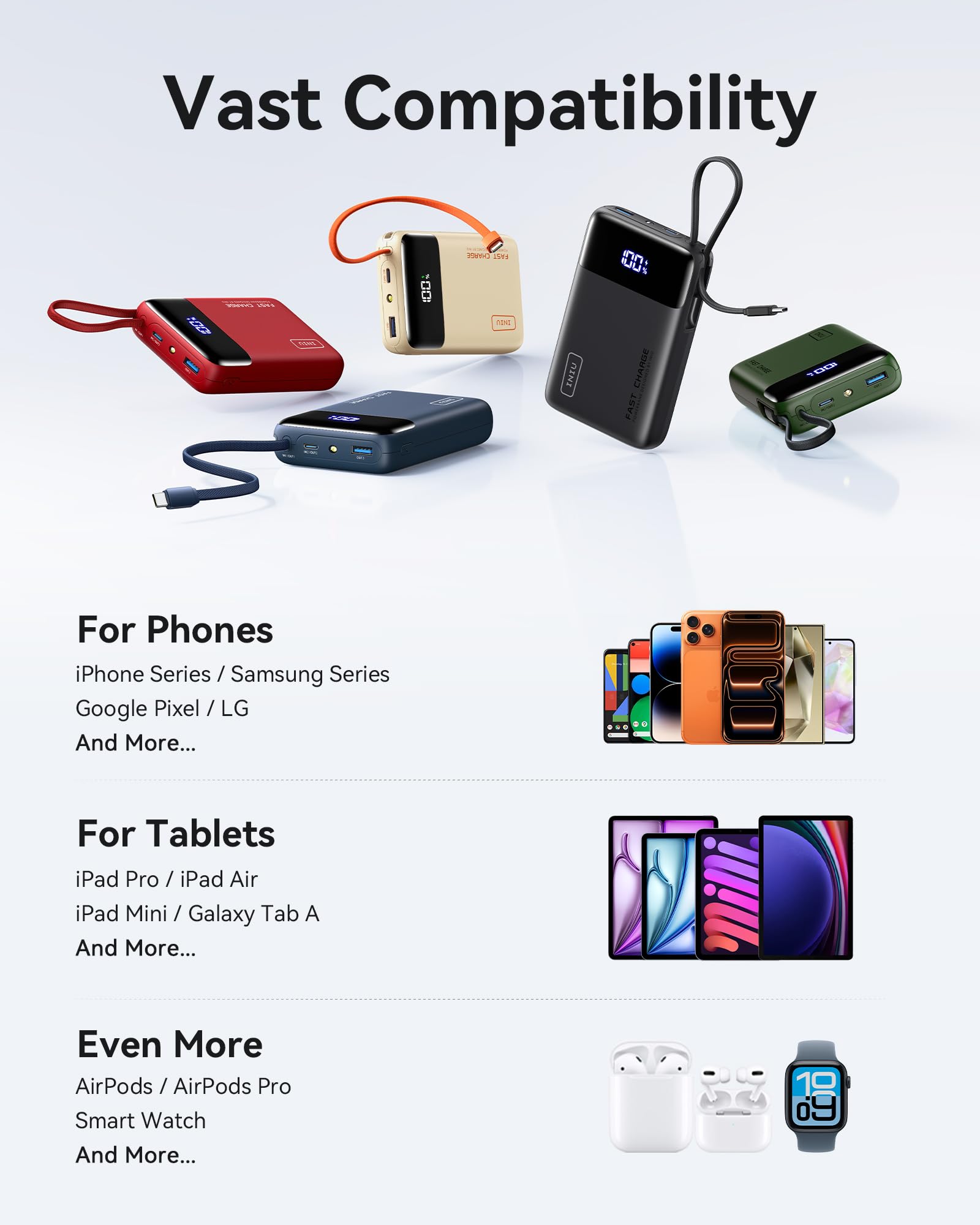 INIU 20000mAh Power Bank, Small 45W PD Fast Charging Portable Charger with Built-in USB C Cable, Flight-Safe Travel External Phone Battery Pack for iPhone 17 Pro Max Samsung S26 iPad etc, Black
