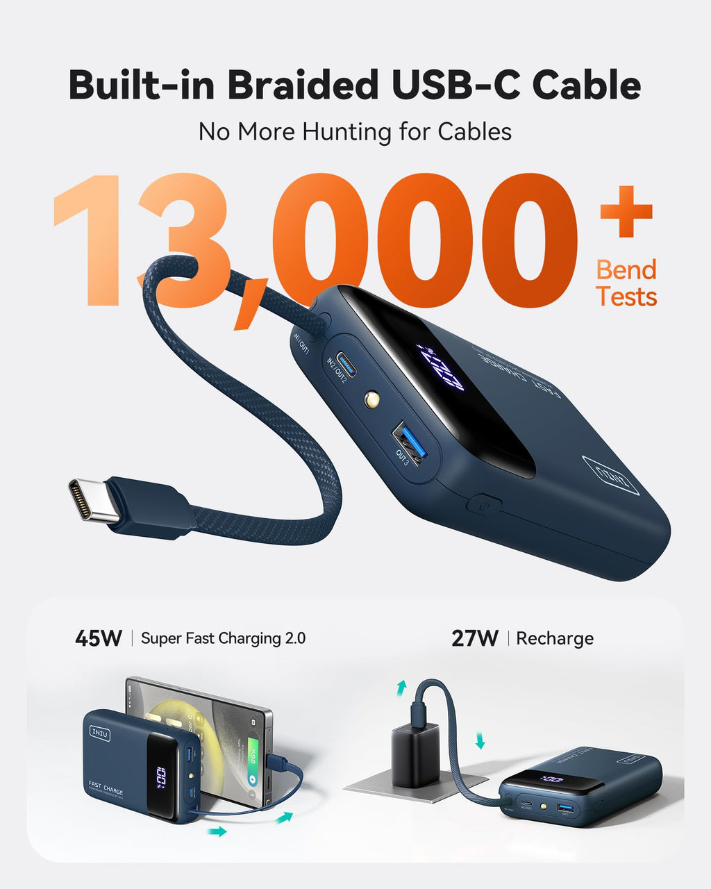 INIU 20000mAh Power Bank, Small 45W PD Fast Charging Portable Charger with Built-in USB C Cable, Flight-Safe Travel External Phone Battery Pack for iPhone 17 Pro Max Samsung S26 iPad etc, Black