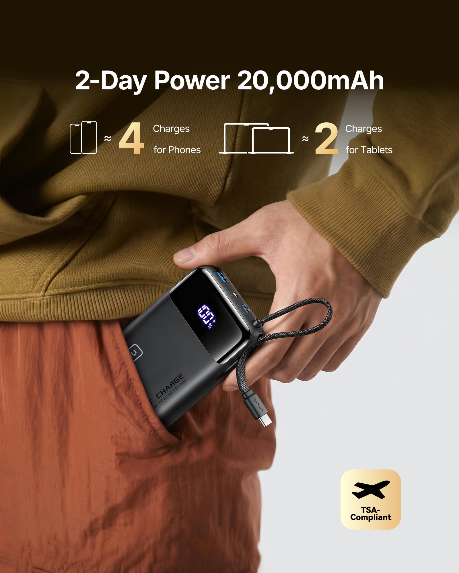 INIU 20000mAh Power Bank, Small 45W PD Fast Charging Portable Charger with Built-in USB C Cable, Flight-Safe Travel External Phone Battery Pack for iPhone 17 Pro Max Samsung S26 iPad etc, Black