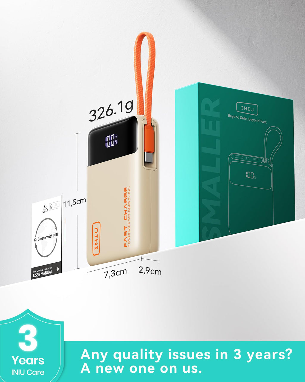 INIU 20000mAh Power Bank, Small 45W PD Fast Charging Portable Charger with Built-in USB C Cable, Flight-Safe Travel External Phone Battery Pack for iPhone 17 Pro Max Samsung S26 iPad etc, Black