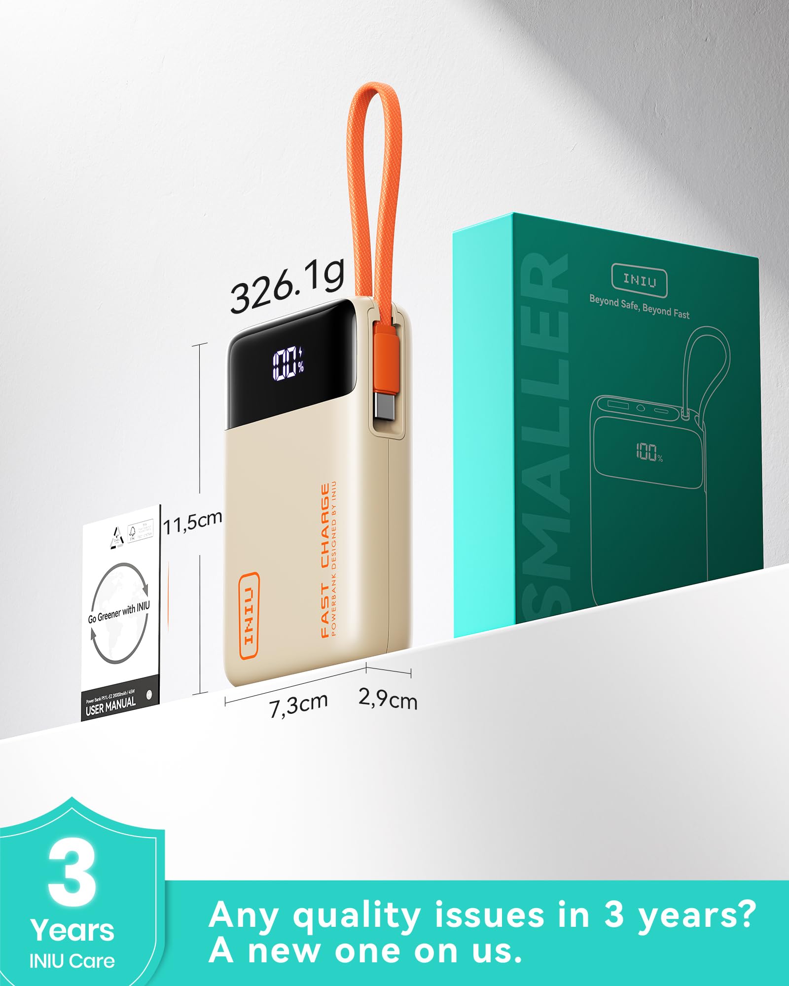 INIU 20000mAh Power Bank, Small 45W PD Fast Charging Portable Charger with Built-in USB C Cable, Flight-Safe Travel External Phone Battery Pack for iPhone 17 Pro Max Samsung S26 iPad etc, Black