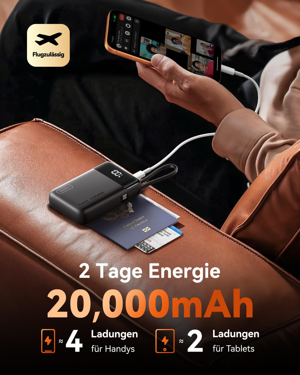 INIU 20000mAh Power Bank, Small 45W PD Fast Charging Portable Charger with Built-in USB C Cable, Flight-Safe Travel External Phone Battery Pack for iPhone 17 Pro Max Samsung S26 iPad etc, Black