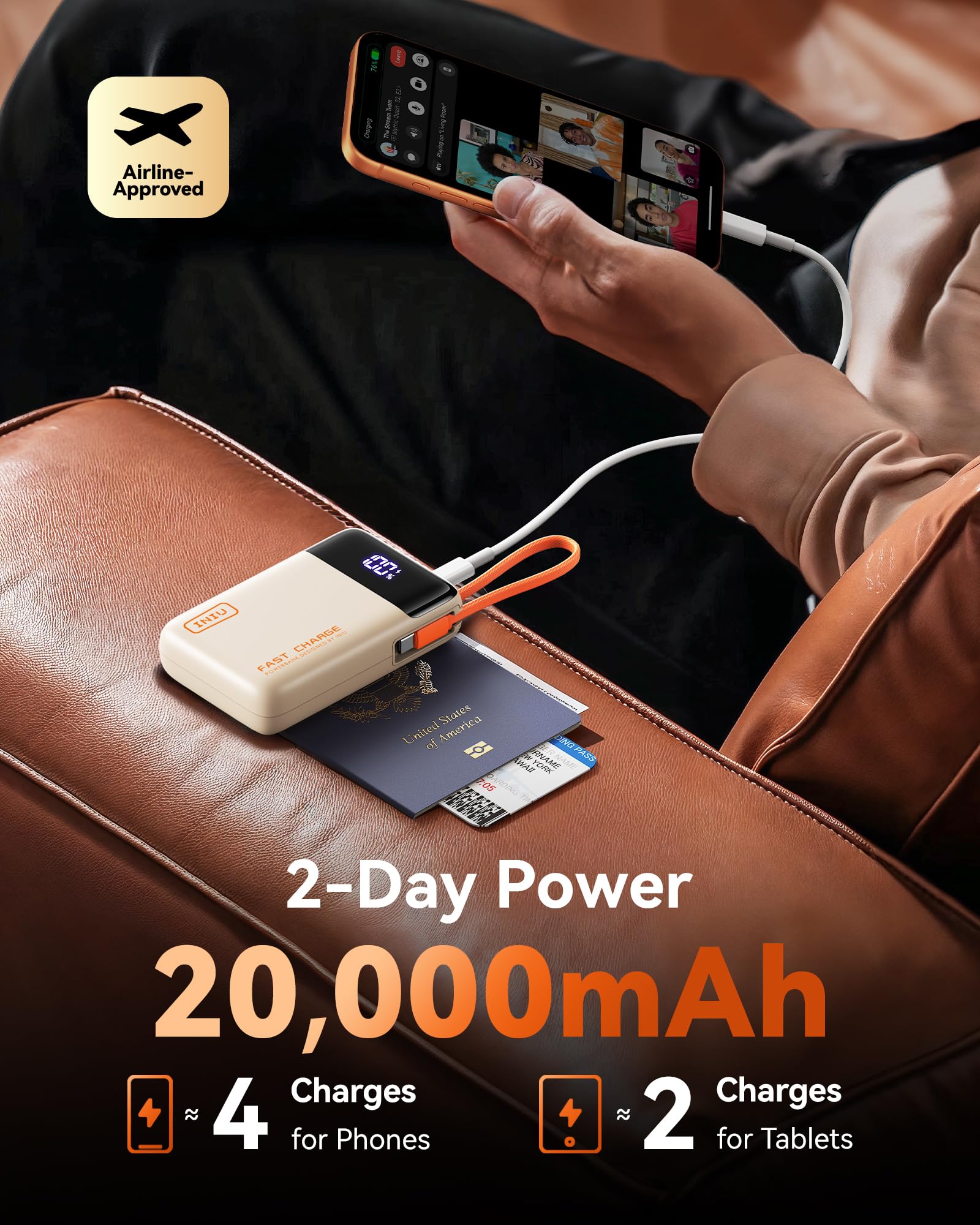 INIU 20000mAh Power Bank, Small 45W PD Fast Charging Portable Charger with Built-in USB C Cable, Flight-Safe Travel External Phone Battery Pack for iPhone 17 Pro Max Samsung S26 iPad etc, Black