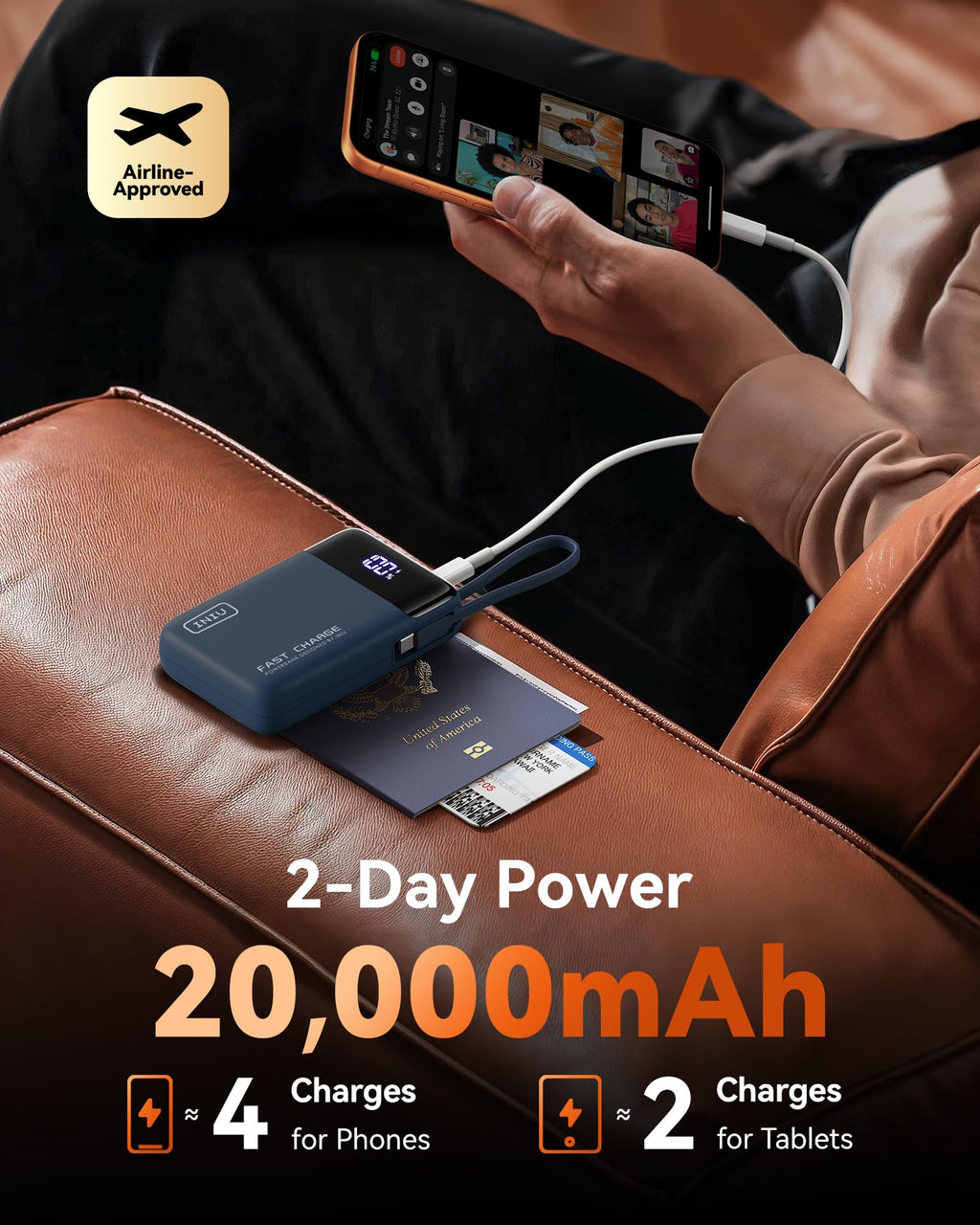 INIU 20000mAh Power Bank, Small 45W PD Fast Charging Portable Charger with Built-in USB C Cable, Flight-Safe Travel External Phone Battery Pack for iPhone 17 Pro Max Samsung S26 iPad etc, Black