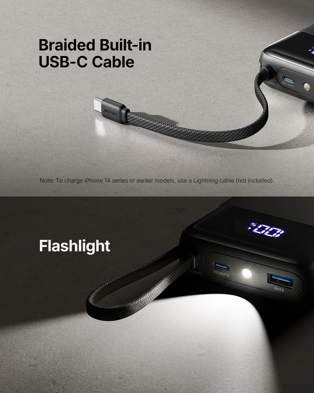 INIU 20000mAh Power Bank, Small 45W PD Fast Charging Portable Charger with Built-in USB C Cable, Flight-Safe Travel External Phone Battery Pack for iPhone 17 Pro Max Samsung S26 iPad etc, Black