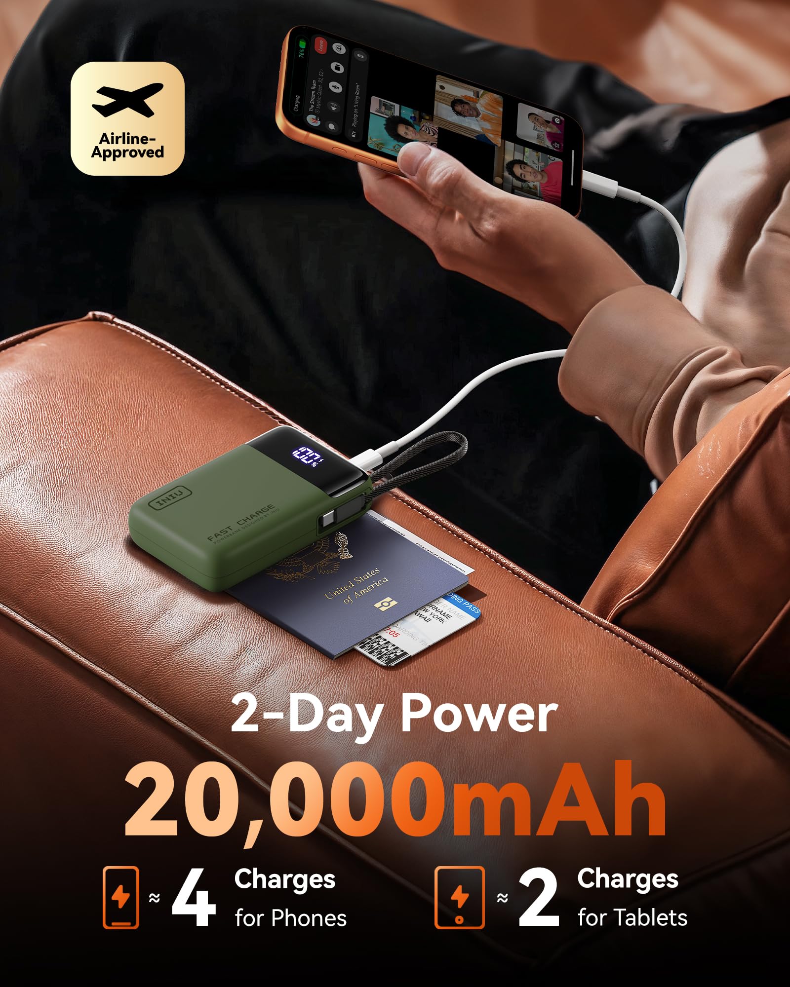 INIU 20000mAh Power Bank, Small 45W PD Fast Charging Portable Charger with Built-in USB C Cable, Flight-Safe Travel External Phone Battery Pack for iPhone 17 Pro Max Samsung S26 iPad etc, Black